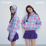 Riverstone Plus Women Plaid Hooded Windbreaker, Sausage Dog Embroidery Color Block Casual Zip Jacket