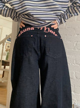 Rose Pink Lettering Embroidery Balloon Denim Pants