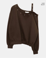 Duon Eyelet Strap Off-Shoulder Fleece Sweatshirt