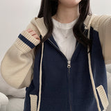Neck Color Matching Raglan Line Knit Hood Zip-Up