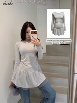Trendy lace frill long-sleeved shirring T-shirt