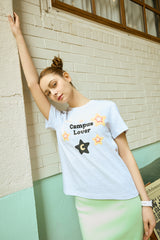 Campus Lover With Star Crew Neck Light Gray Women's Short-Sleeved T-Shirt [For women]
