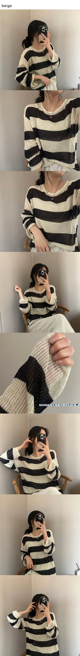 ビッグストライプシースルーロングスリーブニットTシャツ