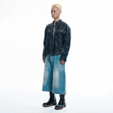Washed Line Leather Jacket - BLACK