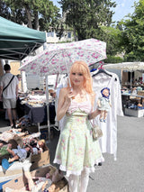 ROSE ISLAND Matcha Peach Dew Bowknot Halter Neck Light Pink Contrast Mint Green Old-fashioned Floral Dress