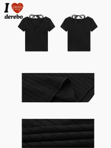 ブラックレイヤードホルターネックストラップショートスリーブTシャツ