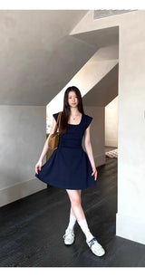 Navy Round Square Flared Dress