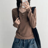 ストレッチー リジュ スナップ ヘンリーネック リブ ロングスリーブ ティーシャツ (4 colors)