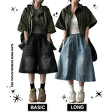[Basic & long] Ichi banding side pintuck pleated denim Bermuda shorts
