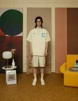 Sky blue C Patch Yellow Oxford short-sleeved Shirt [Unisex]