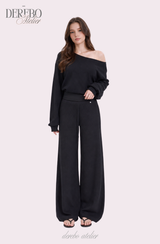 Waffle Asymmetrical Off-Shoulder Sweat Pants Set (TOP+PANTS SET)