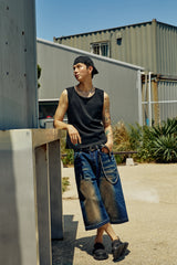 CUTOUT DARK BLUE BERMUDA PANTS
