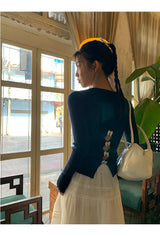 バックホワイトボウロングスリーブニットTシャツ