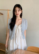 Pastel Pogeun Ribbon Short-Sleeved Knit Cardigan (3color)