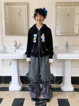sillysis 青いチェック柄のレースドローストリングポケットパンツ、ゆったりデザイン、金属ボタン、ワイドレッグカジュアルパンツ