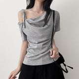 Button Point 💫Straight Layered Off-Shoulder Short-Sleeved T-Shirt (4 colors)