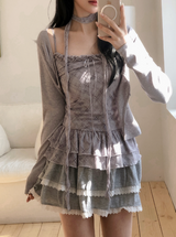 BN Check Frill Bustier + Cardigan + Tie Set (3color)
