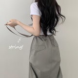 Ponun Wide Ribbon Strap Side Pintuck Long Skirt
