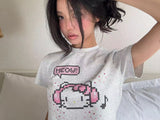 EatmePlz ピクセルキティキャットコットンリラックスサマーTシャツ