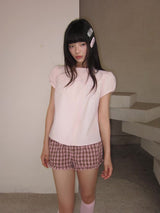 EatmePlz Pink Brown Check Vintage Loose Drawstring Home Pants and Shorts
