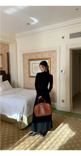Half Turtleneck Black Flared Long Dress