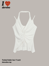 Twisted halter lace V-neck sleeveless top