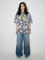 Short-sleeved pure cotton vintage casual floral shirt with texture effect