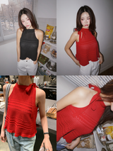 Halter Strap Red Flared Sleeveless T-shirt