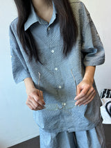 Logi Striped Linen Balloon Short Sleeve Shirt 2color
