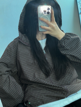 2WAY🩵 オーバールーズチェックウィンドブレーカージップアップ🩵🖤🤎3COLOR