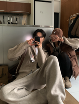 [Setup] Logane Maison Knit Hooded Zip-Up Wide Pants Set
