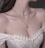 [NMIXX ジウ Necklace] ルナ ブロッサム レイヤード ネックレス - Silver color