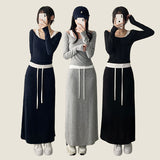Yeori fit set🤍Quanku layered banding long skirt off shoulder long sleeve SET