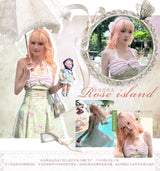 ROSE ISLAND Matcha Peach Dew Bowknot Halter Neck Light Pink Contrast Mint Green Old-fashioned Floral Dress
