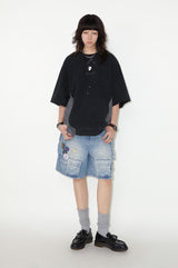 Irregular patchwork off-the-shoulder short-sleeved T-shirt for summer