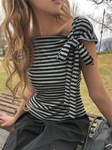 Scon Stripe Plain One-Shoulder Ribbon Short Sleeve T-Shirt