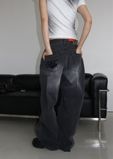 LACE DAMAGE BLACK DENIM