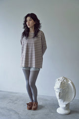 STRIPE BINDING-NECK BOX TEE (Warm Gray)