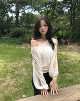 [ slit point ] forget-me-not long chiffon drape lose blouse