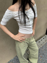 Floral two-piece off-shoulder button short-sleeved T-shirt