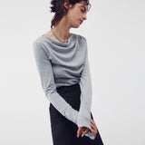 シャーリングドレープ長袖トップ MELANGE GRAY