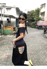 Checked pocket dark blue wide cropped denim