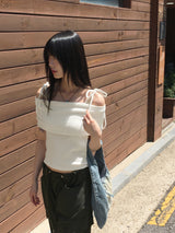 Sirom リボンストラップリブドオフショルダー半袖Tシャツ