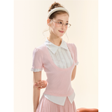 GirlyFancyClub Energetic Girl Academy Pink Short-Sleeved Knit Faux Two-Piece Top
