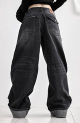 Cuffed cat washing denim pants