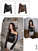 Leopard Scarf Unbalanced Off-Shoulder Long-Sleeved T-Shirt