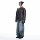 Washed Line Leather Jacket - BROWN