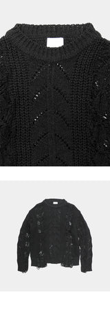 [PREMIUM]グランジダメージラウンドネックニット(3color)