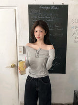 Off Shoulder Half Button Slim T-shirt (3color)