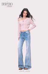 Pink dot unbalanced shoulder top